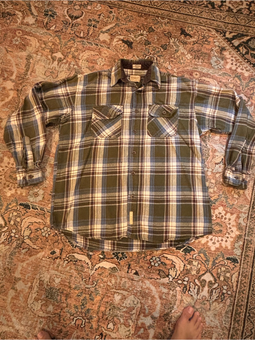 C.E. Schmidt Workwear Men's Olive Plaid Flannel Button-Up- Large